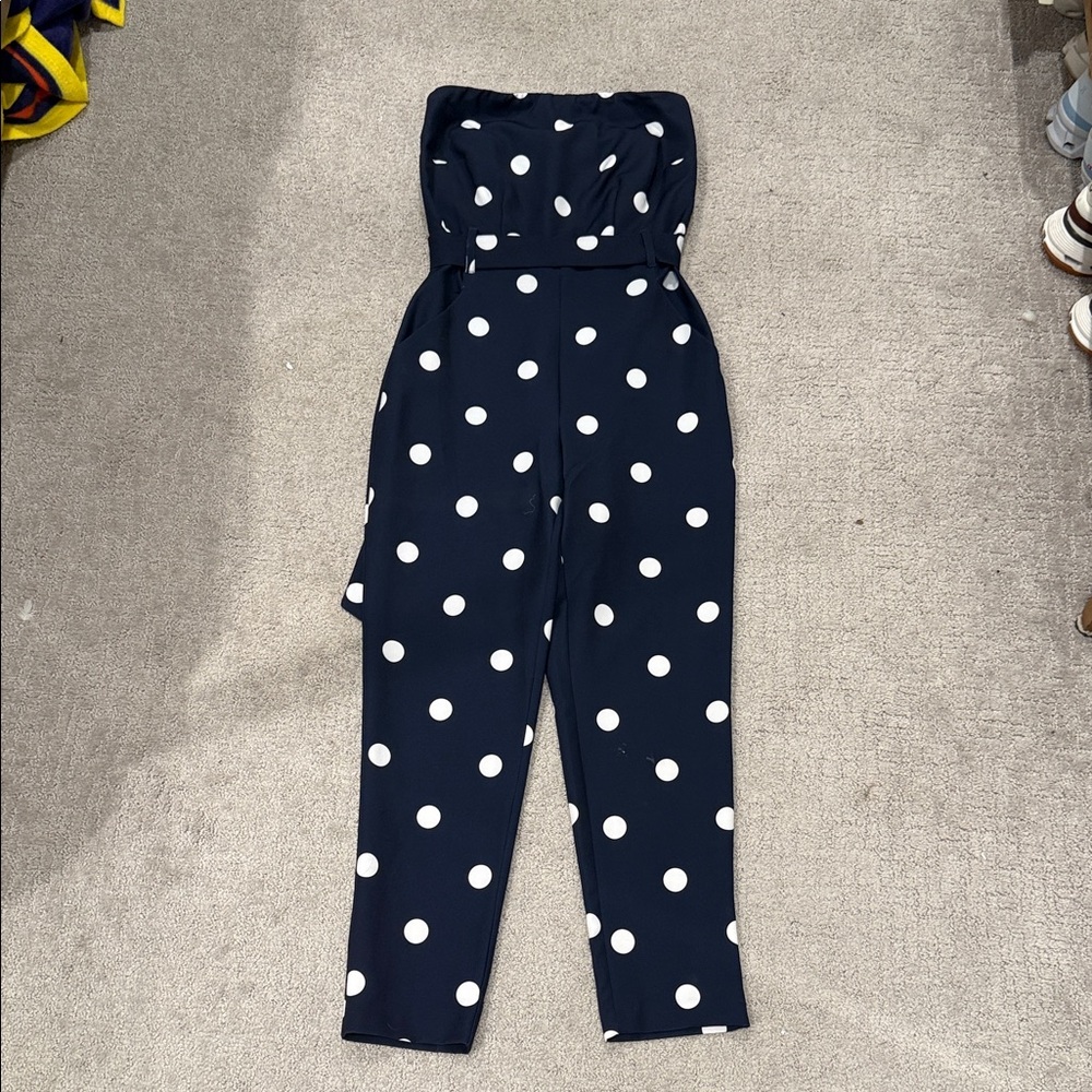 New York & Company Navy and White Polka Dot Jumpsuit